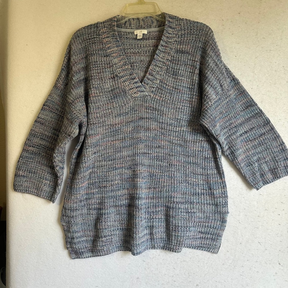 J. Jill Womens S Tall Blue Marled Space Dye 100% Cotton V-Neck Sweater Side Slit